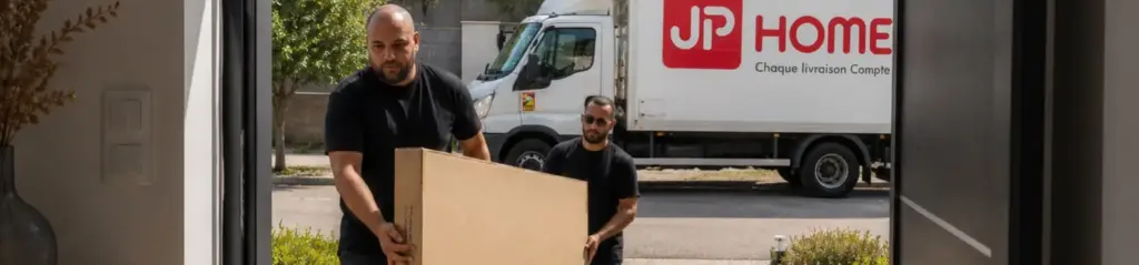 Deux livreurs JP Home transportent un gros colis