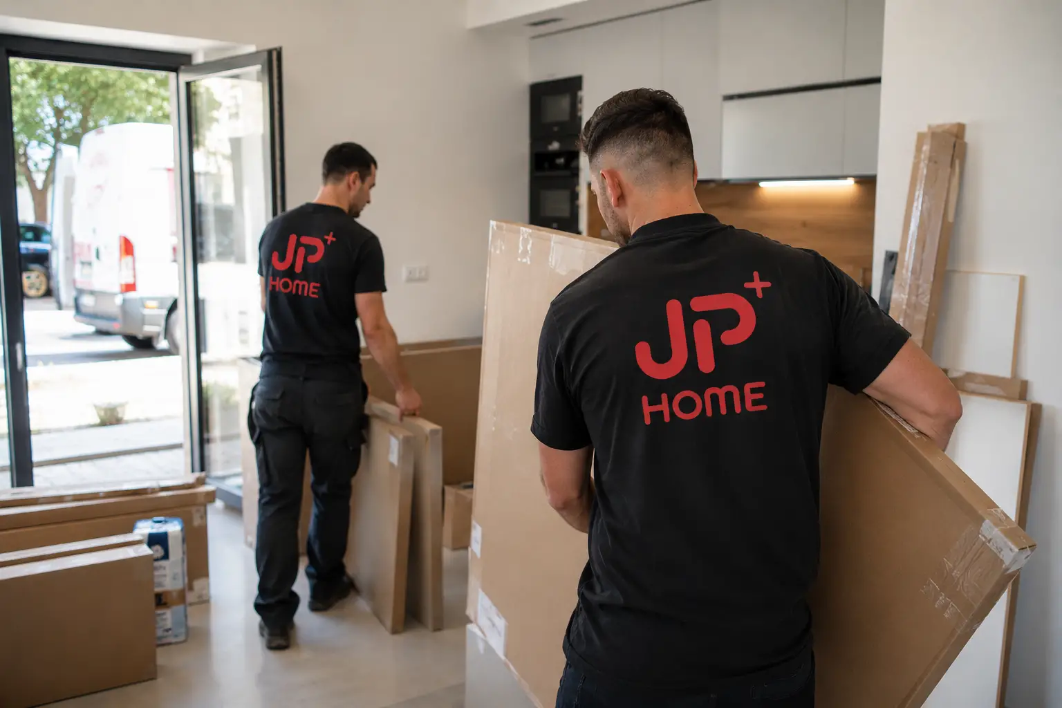 Deux livreurs JP home transportent un gros colis